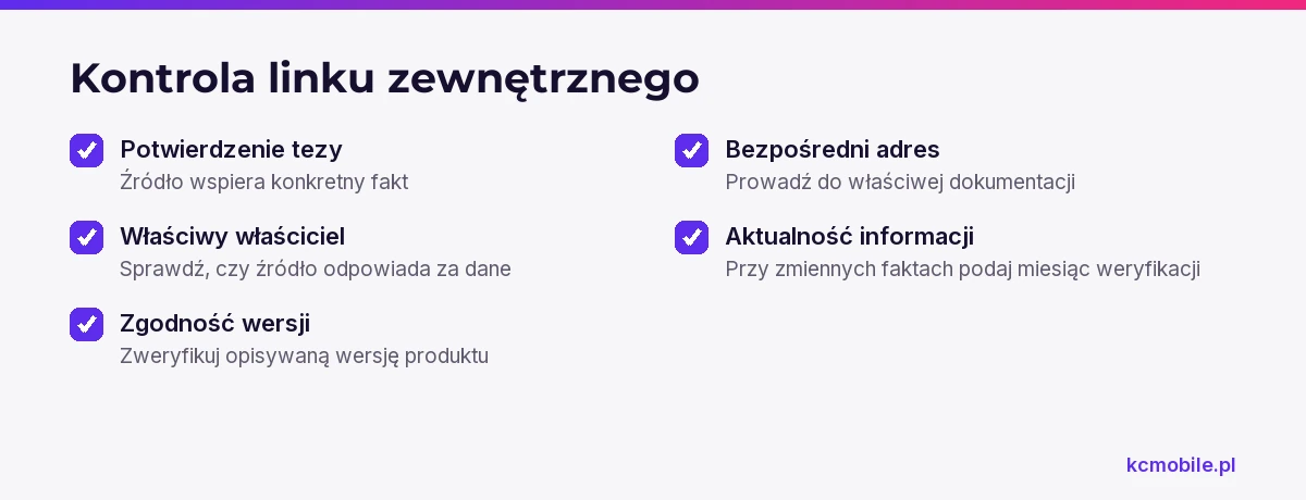 Lista pomaga ocenić, czy link zewnętrzny prowadzi do właściwego źródła i pozwala sprawdzić opisywaną tezę.