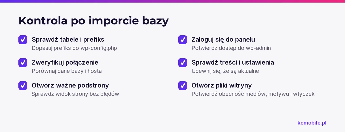 Lista pozwala sprawdzić tabele, połączenie, panel, treści i pliki, aby ocenić poprawność migracji WordPressa.
