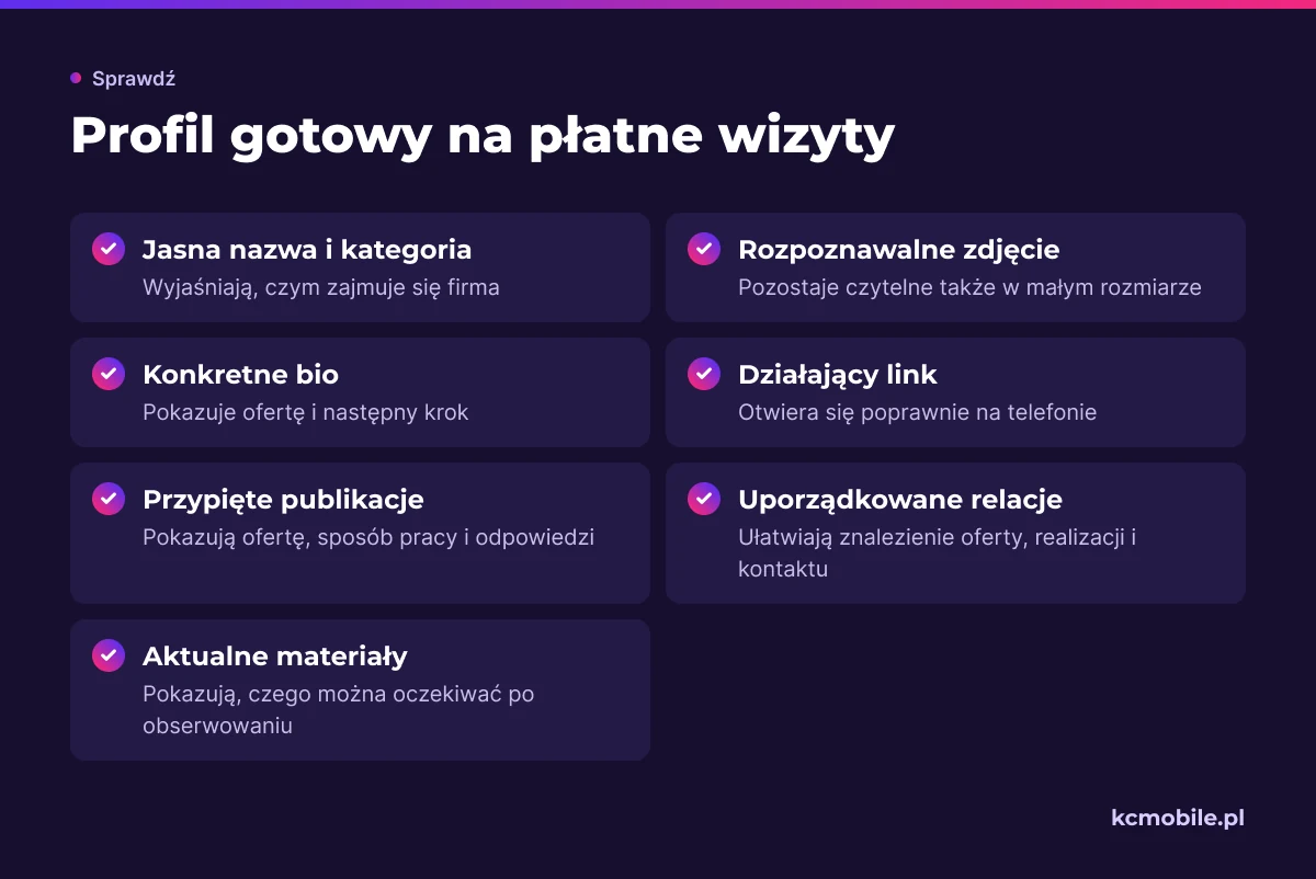 Lista kontrolna porządkuje elementy profilu, które pomagają nowej osobie zrozumieć ofertę i zdecydować o kolejnym kroku.
