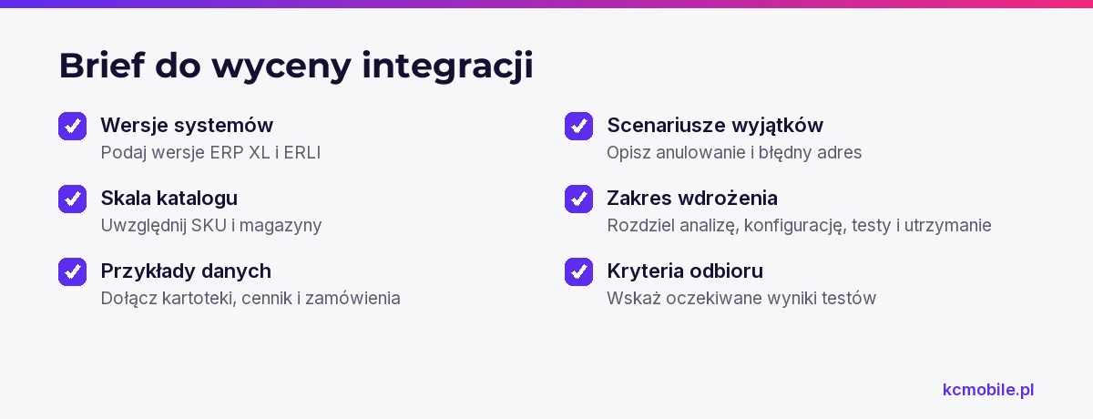 Lista porządkuje informacje potrzebne do wyceny, od wersji systemów i skali katalogu po scenariusze testowe.