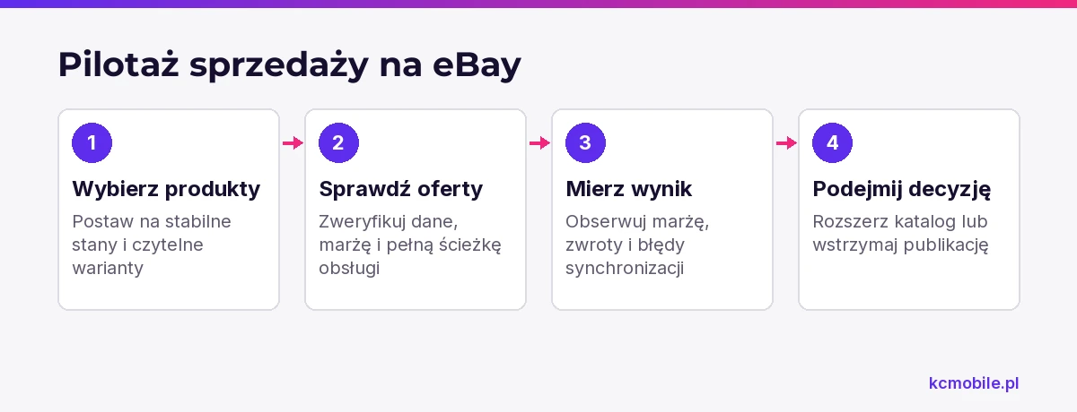 Schemat pokazuje przebieg pilotażu sprzedaży na eBay, od wyboru produktów przez pomiar wyników po decyzję o rozszerzeniu lub wstrzymaniu publikacji.