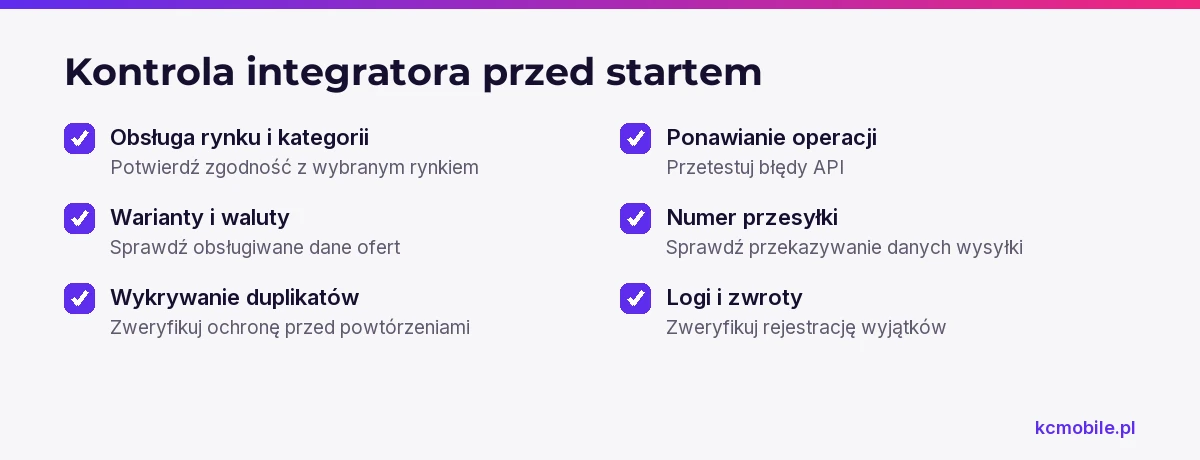Lista kontrolna pomaga sprawdzić funkcje integratora eBay przed startem, w tym obsługę ofert, błędów, wysyłki i zwrotów.