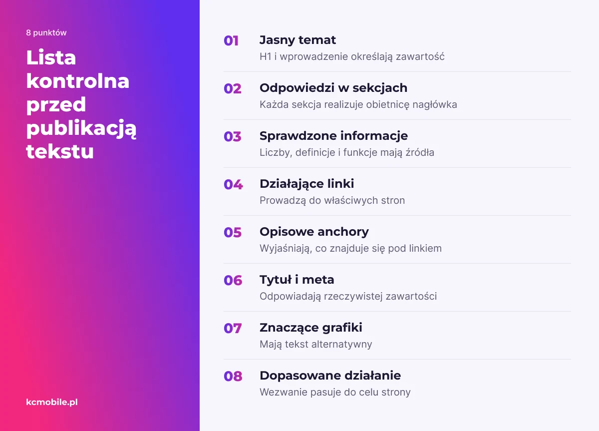 Lista zbiera elementy redakcyjnej kontroli tekstu przed publikacją, aby sprawdzić jego zgodność z tematem, źródłami i celem strony.