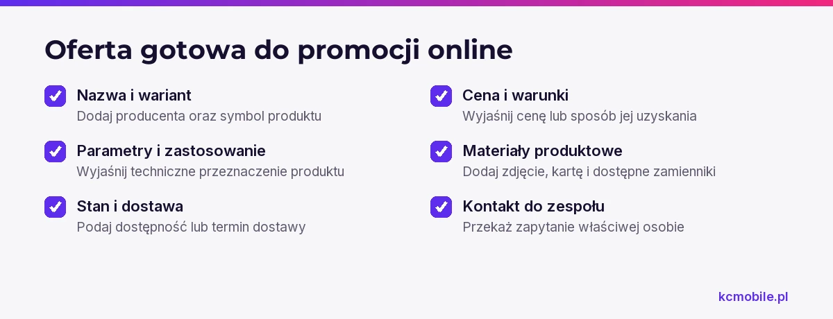 Lista kontrolna zbiera informacje potrzebne do przygotowania produktów hurtowni elektrycznej do promocji online.