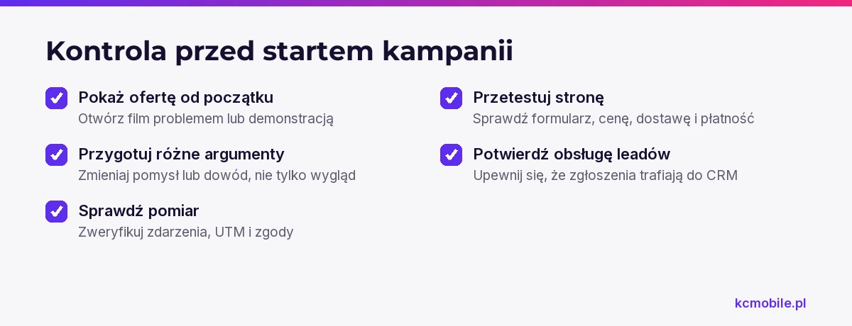 Lista kontroli przed publikacją reklamy TikTok pomaga sprawdzić wideo, pomiar, stronę docelową i obsługę zgłoszeń.