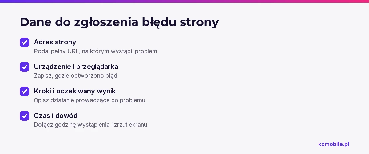 Lista porządkuje informacje potrzebne wykonawcy do odtworzenia błędu strony i sprawniejszej diagnozy.