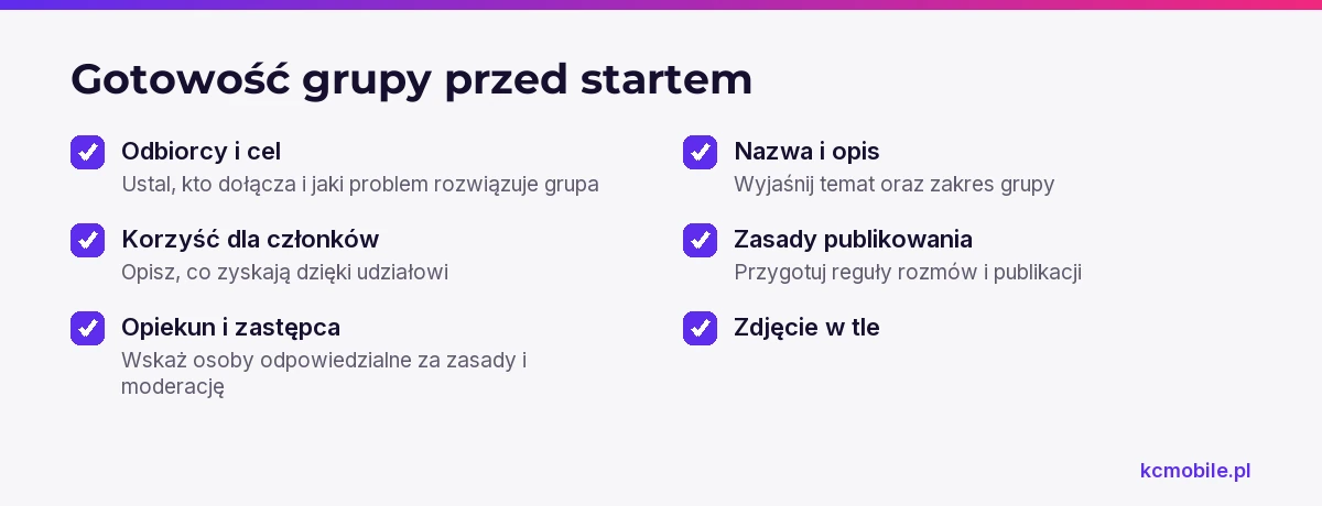 Lista pokazuje, co przygotować przed utworzeniem grupy, aby nowi członkowie rozumieli jej temat, korzyść i zasady.
