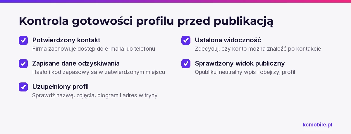 Lista kontrolna obejmuje kontakt, odzyskiwanie dostępu, profil i widoczność, aby sprawdzić gotowość konta firmowego przed publikacją.