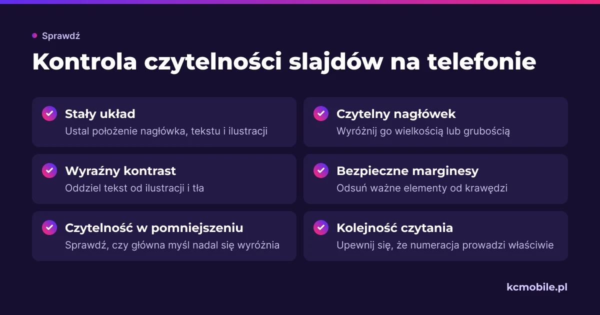 Lista kontroli pokazuje, jak sprawdzić układ, kontrast, marginesy i kolejność slajdów, aby karuzela była czytelna na telefonie.