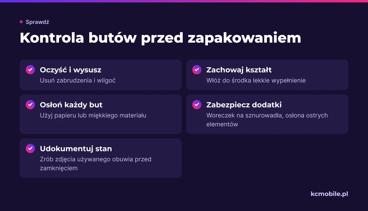 Lista pokazuje, jak oczyścić, osłonić i przygotować buty przed wysyłką, aby ograniczyć ryzyko wilgoci i uszkodzeń.