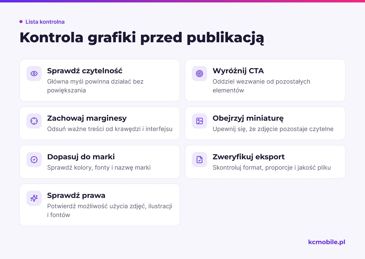 Lista porządkuje kontrolę grafiki na telefonie, od czytelności i kadru po jakość eksportu oraz prawa do użytych zasobów.