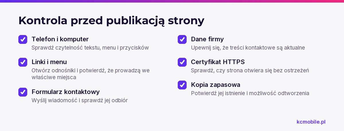 Lista przypomina, co sprawdzić przed publikacją strony, aby użytkownicy mogli czytać treści, skontaktować się z firmą i bezpiecznie korzystać z witryny.