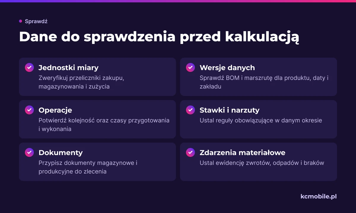 Lista kontrolna porządkuje dane wejściowe do kalkulacji ERP, aby ograniczyć błędy jednostek, norm, stawek i dokumentów.
