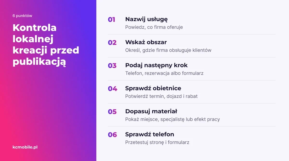 Lista kontrolna pomaga sprawdzić, czy reklama lokalna jasno przedstawia ofertę, obszar obsługi i realny następny krok.