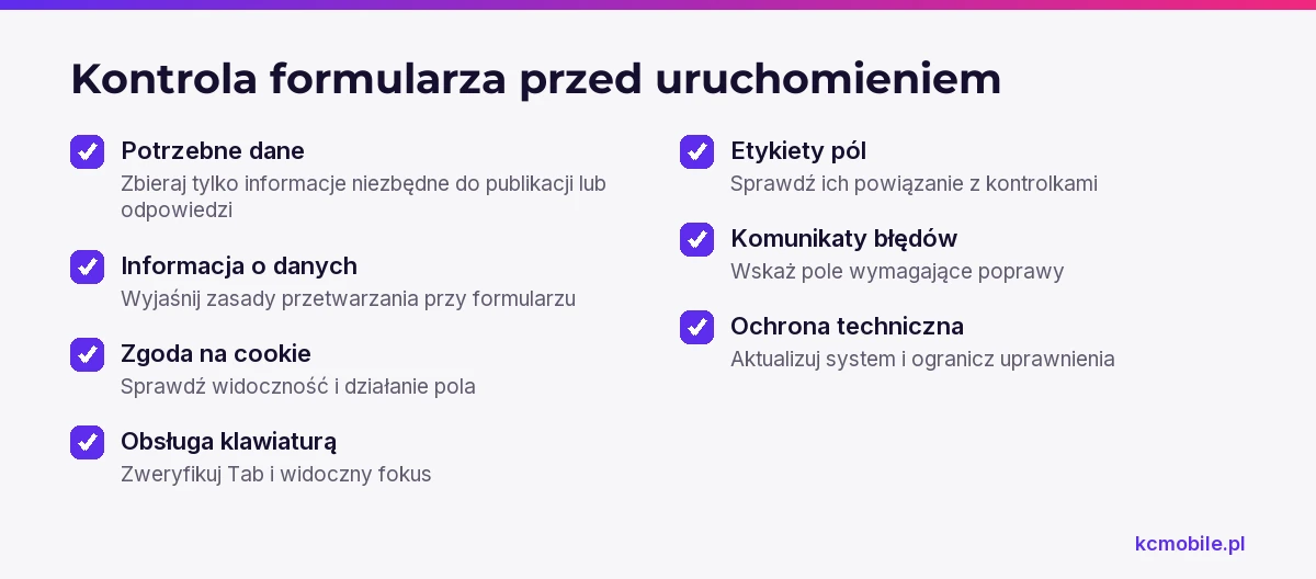 Lista zbiera kontrole prywatności, dostępności i ochrony formularza komentarzy przed jego uruchomieniem.