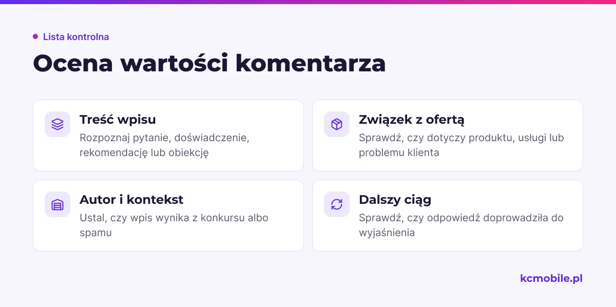 Lista kontrolna pomaga ocenić treść, kontekst i dalszy ciąg komentarza, by odróżnić wartościową rozmowę od pustej aktywności.
