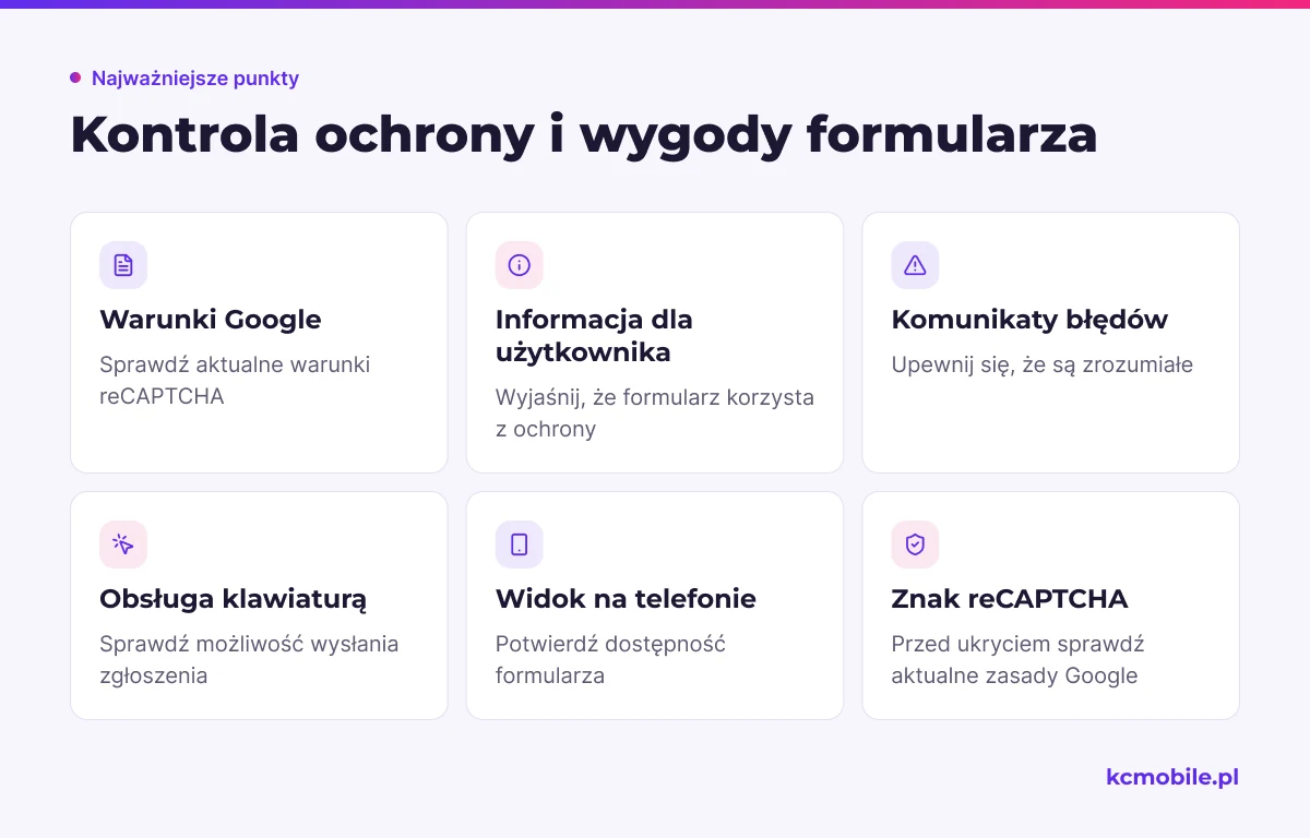 Lista kontroli prywatności i dostępności formularza, która pomaga sprawdzić obowiązki informacyjne oraz wygodę wysyłania zgłoszeń.