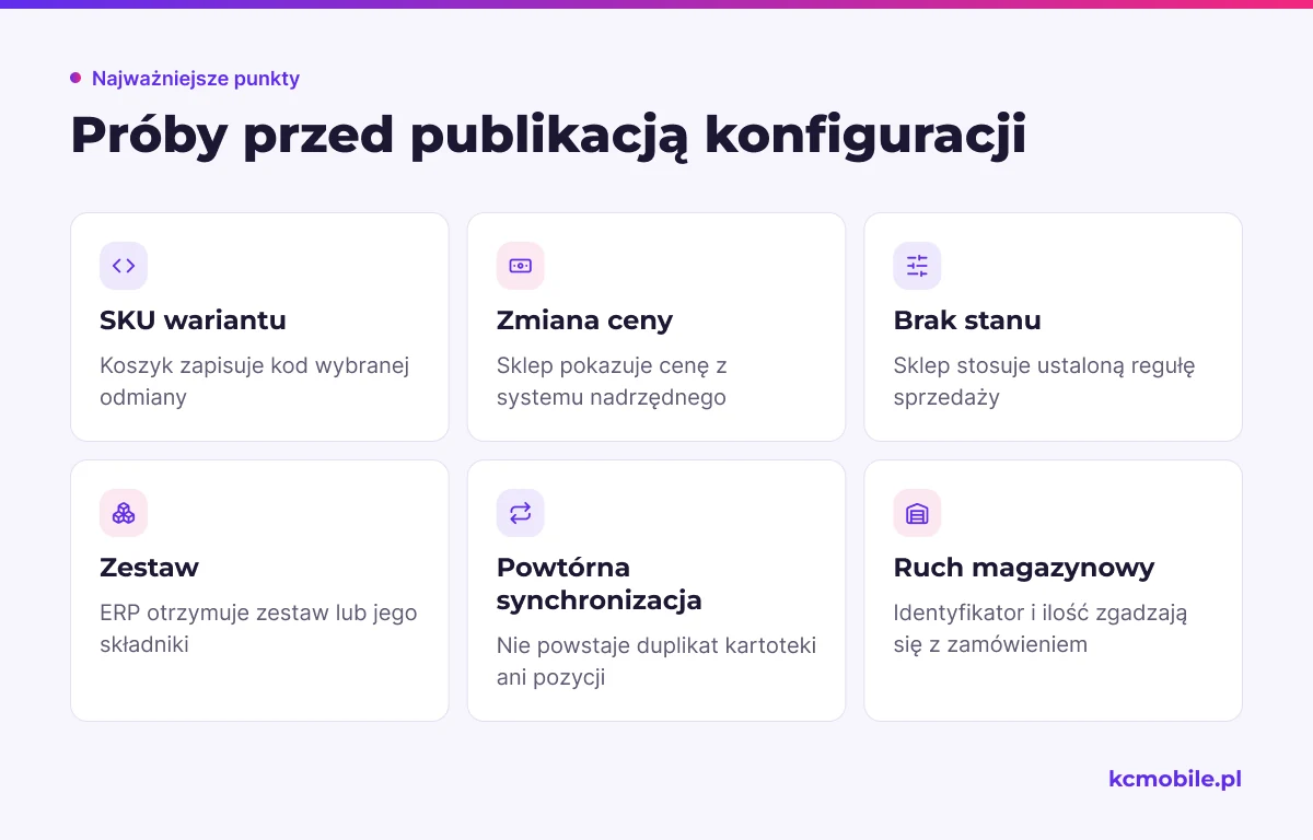 Lista kontrolna przedstawia próby SKU, ceny, zapasu, zestawu i synchronizacji, aby przed publikacją sprawdzić zgodność sklepu z ERP.
