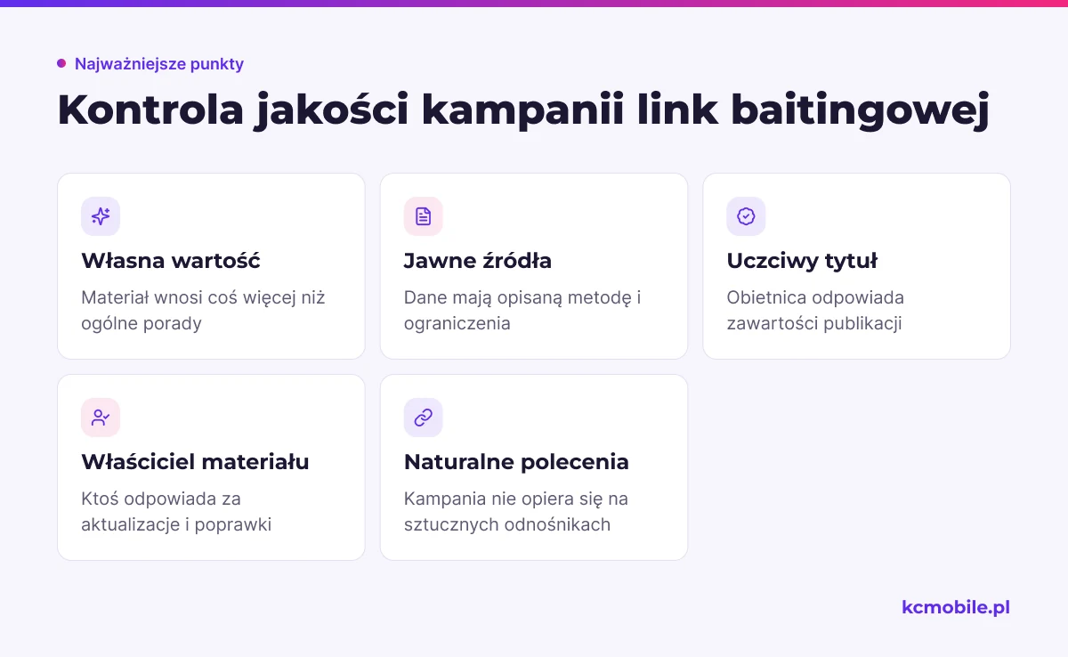 Lista kontrolna pomaga wykryć błędy osłabiające kampanię link baitingową, od niewiarygodnych danych po brak opiekuna treści.