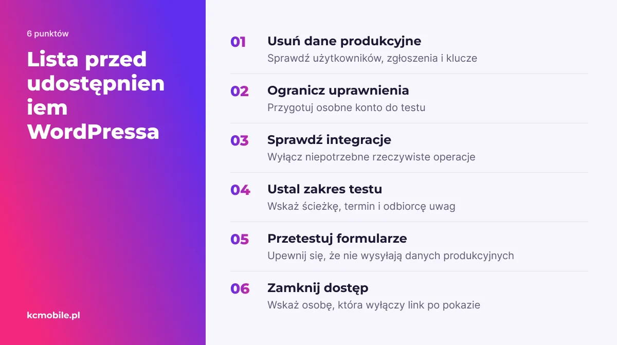 Lista kontrolna pomaga przed wysłaniem Live Linka ograniczyć dostęp do danych i integracji oraz ustalić zamknięcie podglądu.