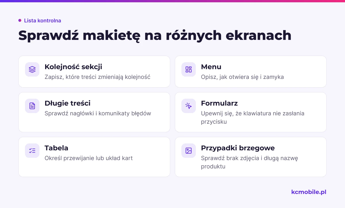 Lista kontroli makiety na wąskich i szerokich ekranach. Pomaga wychwycić problemy z kolejnością treści, formularzami i tabelami.
