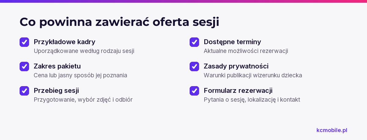 Lista pokazuje elementy strony oferty sesji dziecięcej, które pomagają rodzicom ocenić pakiet, zasady i sposób rezerwacji.