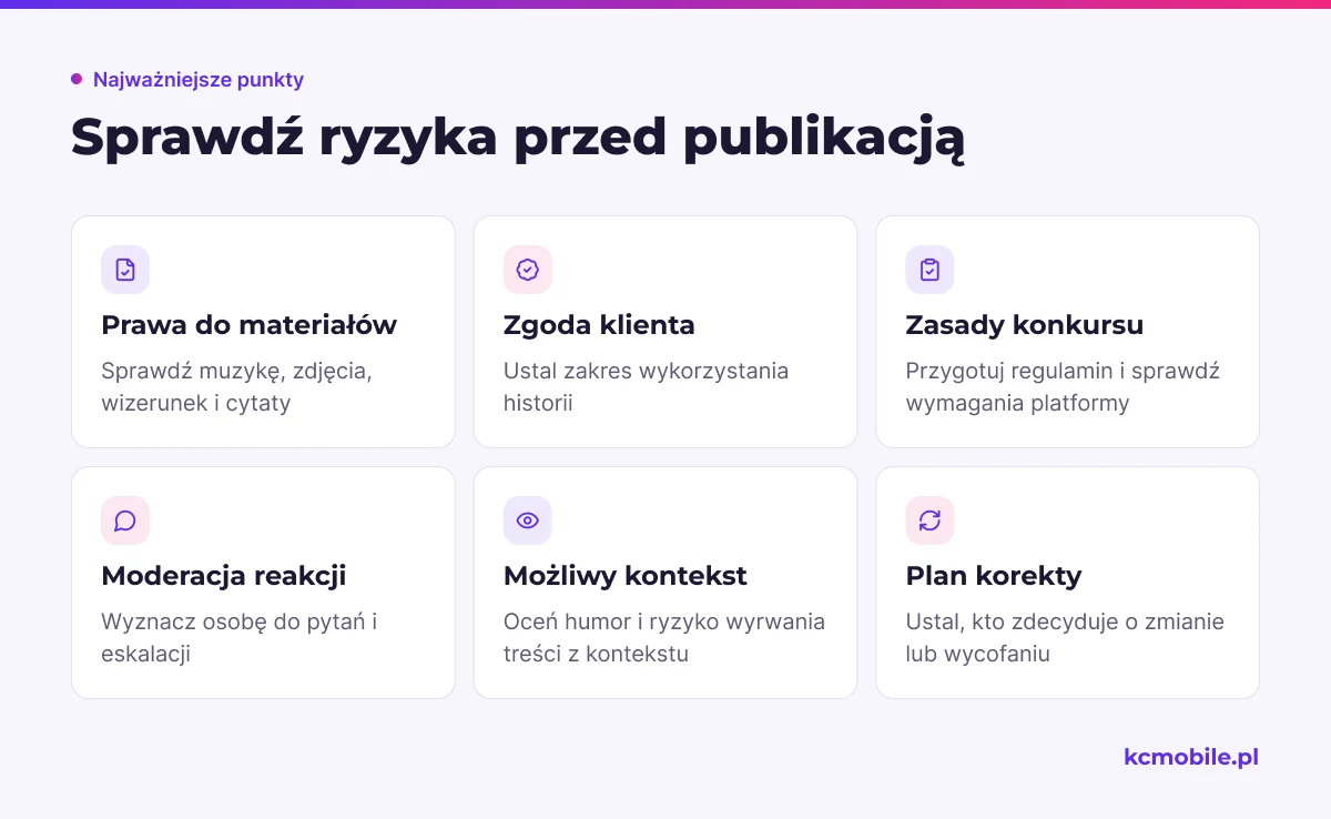 Lista kontrolna porządkuje prawa, moderację i ryzyka interpretacji, które trzeba sprawdzić przed publikacją kampanii.