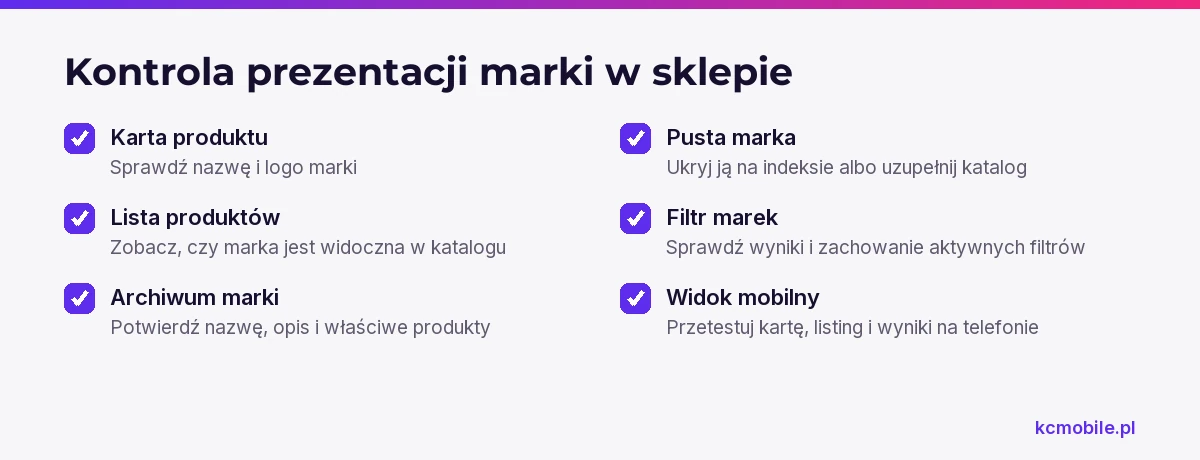 Lista pomaga sprawdzić, czy marka jest czytelnie pokazana na karcie, w katalogu, archiwum i wynikach filtrowania.