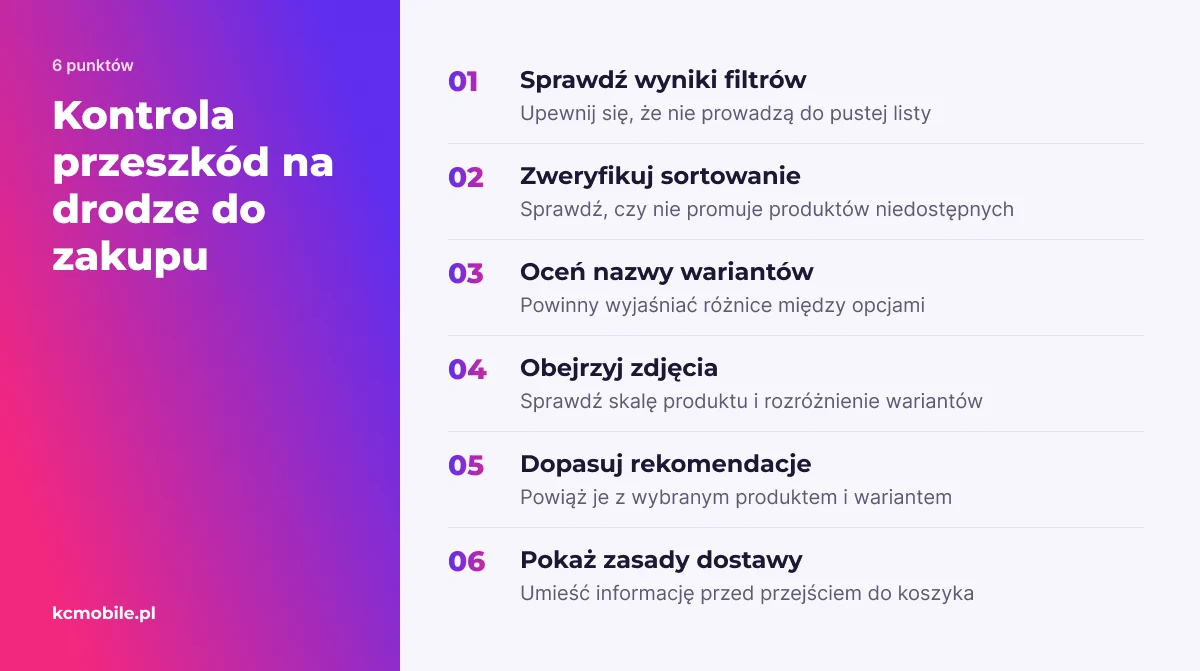 Lista kontrolna pomaga znaleźć problemy, które utrudniają klientowi wybór produktu i przejście od przeglądania oferty do koszyka.