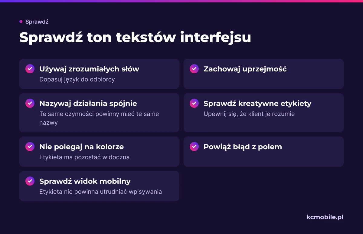 Lista kontrolna pomaga ocenić spójność, zrozumiałość i czytelność microcopy w interfejsie sklepu, także na urządzeniu mobilnym.