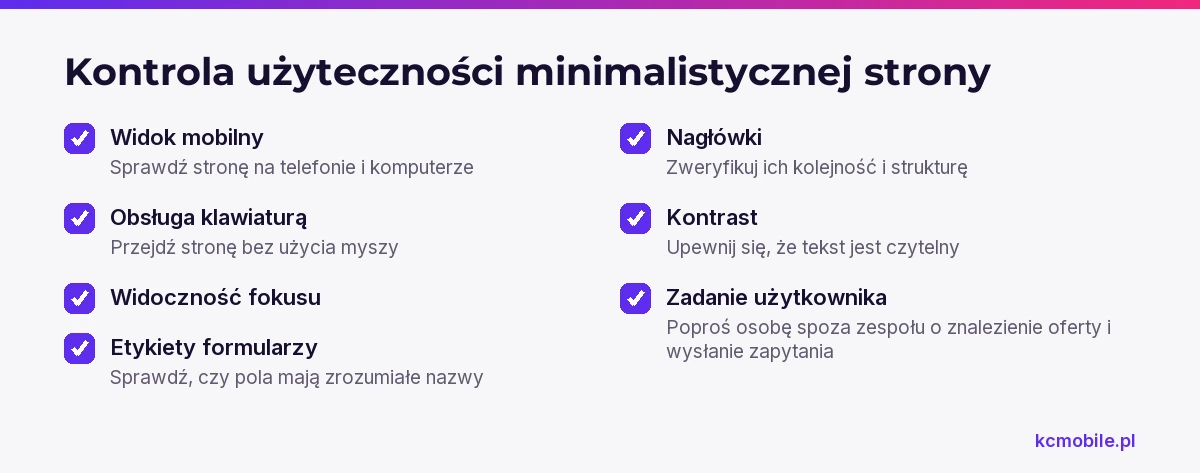 Lista kontroli dostępności i wykonania zadania pomaga wykryć, czy minimalistyczny projekt pozostaje czytelny i użyteczny.
