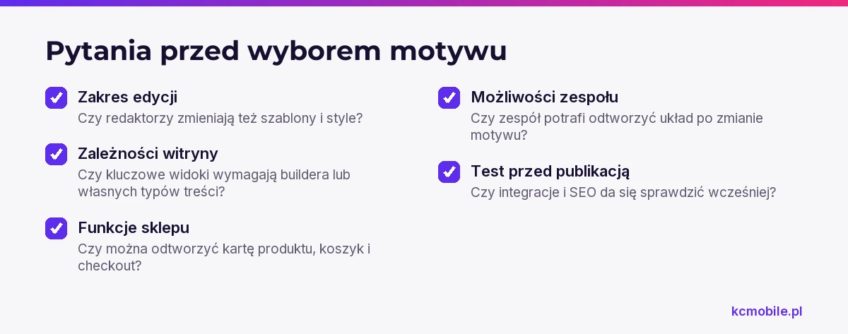 Lista pytań pomaga ocenić zależności, funkcje i gotowość zespołu przed decyzją o wyborze motywu blokowego.