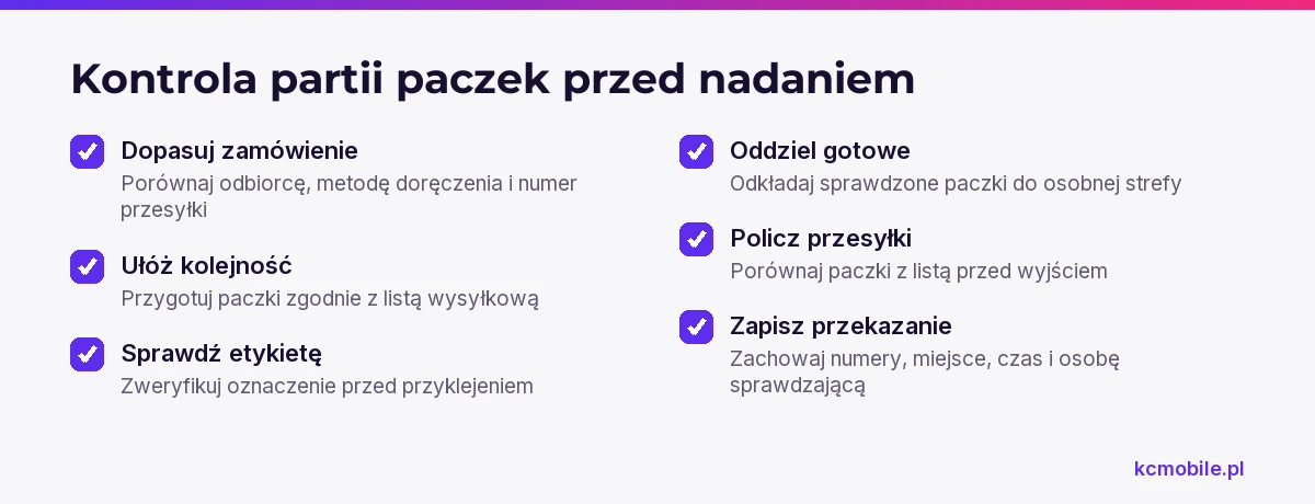 Lista kontrolna pomaga przypisać każdą paczkę do zamówienia, oddzielić sprawdzone przesyłki i potwierdzić komplet partii przed nadaniem.