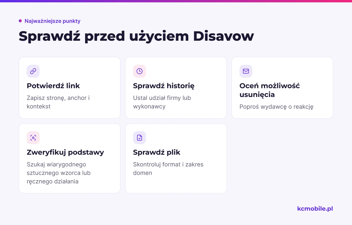 Lista porządkuje kontrolę przed użyciem Disavow, od potwierdzenia linku i historii działań po sprawdzenie pliku oraz domen.