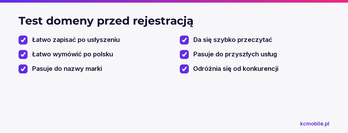Lista kontrolna pomaga ocenić czytelność, spójność z marką i możliwość rozwoju domeny przed jej rejestracją.