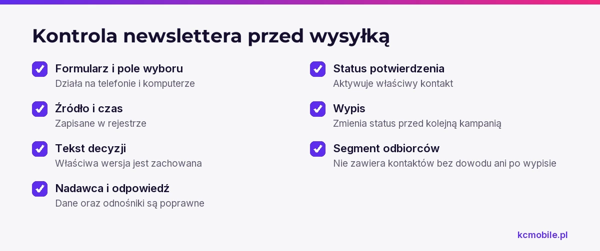Lista kontrolna pokazuje, które elementy procesu zapisu, segmentacji i rezygnacji sprawdzić przed wysłaniem newslettera.