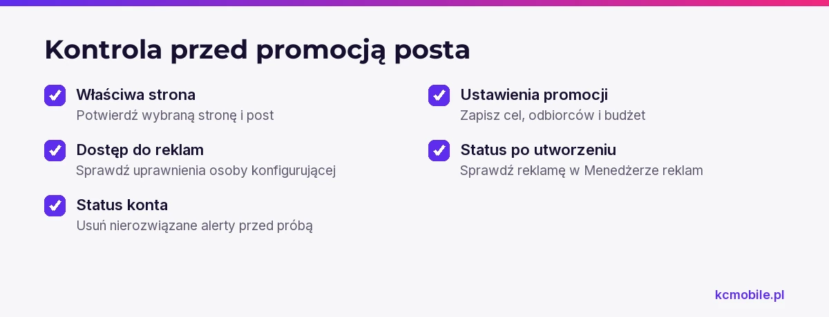 Lista przypomina o sprawdzeniu strony, dostępu, alertów i statusu reklamy, aby ograniczyć ponawianie prób i duplikaty.