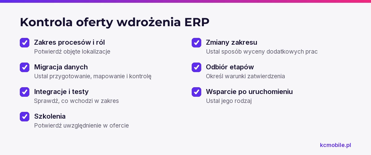 Lista kontrolna pomaga ocenić zakres oferty ERP, odpowiedzialność za dane, warunki odbioru oraz wsparcie po uruchomieniu.