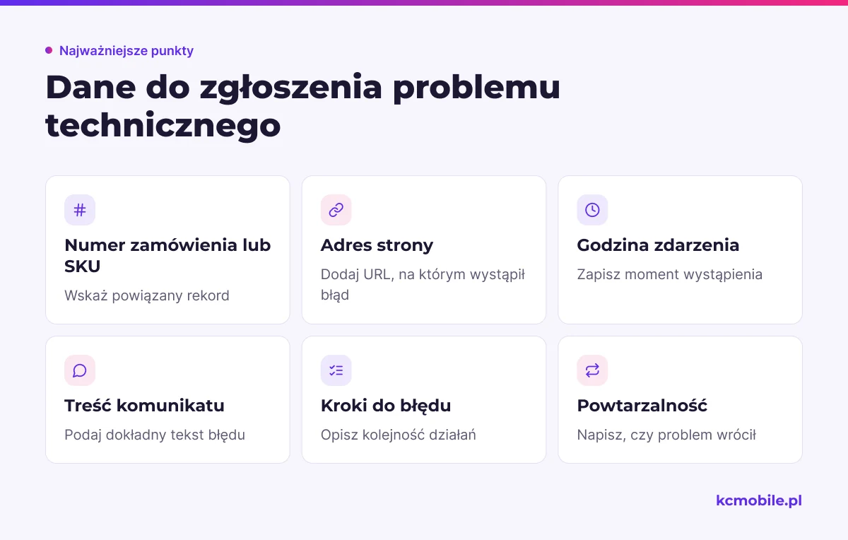 Lista pokazuje informacje potrzebne administratorowi do odtworzenia błędu i diagnozy bez kolejnych pytań o podstawowe dane.