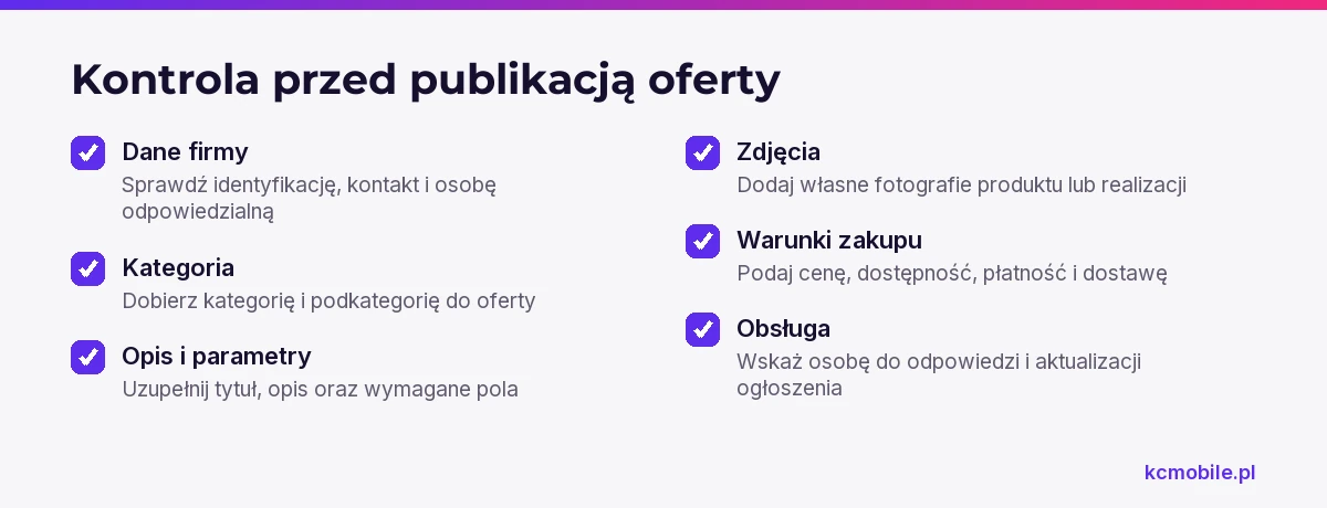 Lista pokazuje, co przygotować przed publikacją firmowej oferty na OLX, aby kupujący mogli ocenić produkt i warunki zakupu.