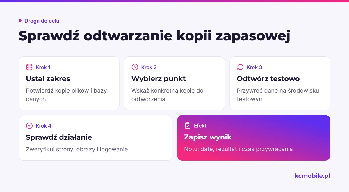 Kolejność kontroli pokazuje, jak przetestować kopię na środowisku testowym przed awarią, nie nadpisując działającej witryny.
