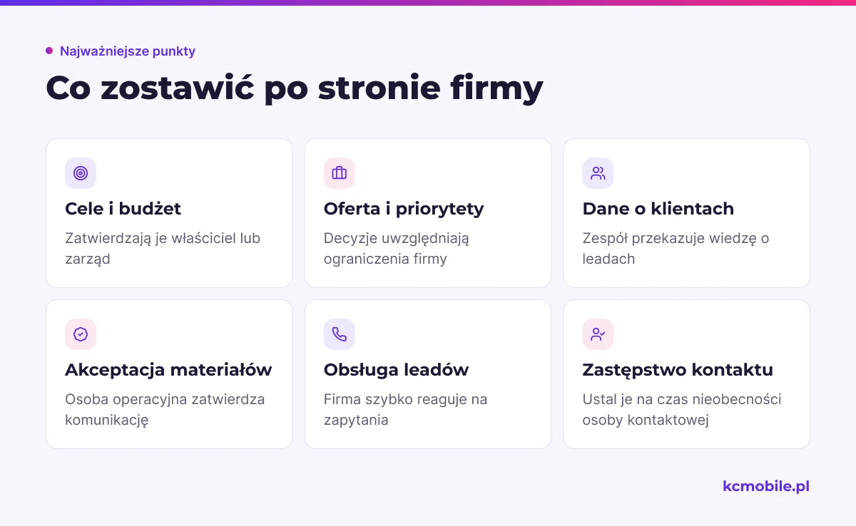Lista pokazuje decyzje i zadania, które firma powinna zachować przy outsourcingu, by utrzymać kontrolę nad ofertą i klientem.