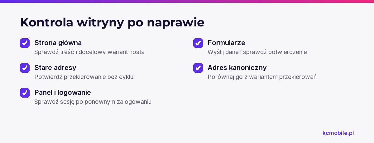 Lista kontrolna obejmuje kluczowe ścieżki po zmianie, by wychwycić problemy z przekierowaniami, logowaniem i formularzami.