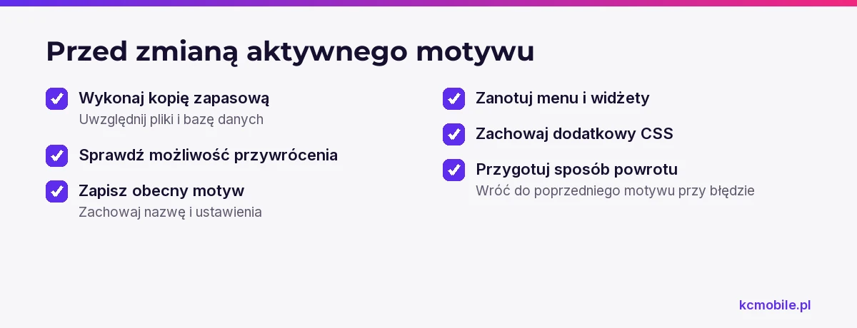Lista kontrolna przypomina, co zabezpieczyć i zapisać przed zmianą motywu, aby łatwiej przywrócić poprzedni wygląd.