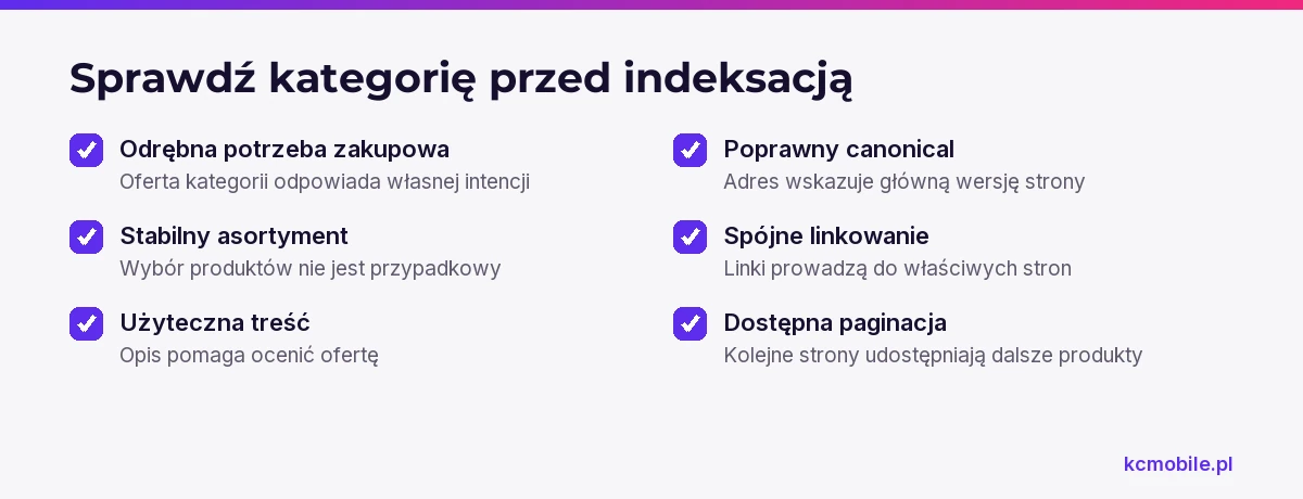Lista kontrolna pomaga ocenić, czy kategorię lub wybrany filtr warto indeksować, sprawdzając intencję, ofertę, treść i sygnały techniczne.