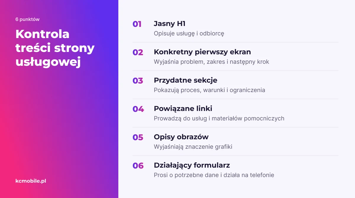 Lista kontrolna pomaga ocenić, czy treść strony usługowej jasno wyjaśnia ofertę i prowadzi użytkownika do kolejnego działania.