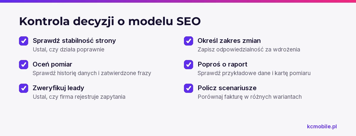 Lista porządkuje ocenę strony, danych, leadów, zakresu prac i scenariuszy faktury przed wyborem modelu rozliczenia SEO.