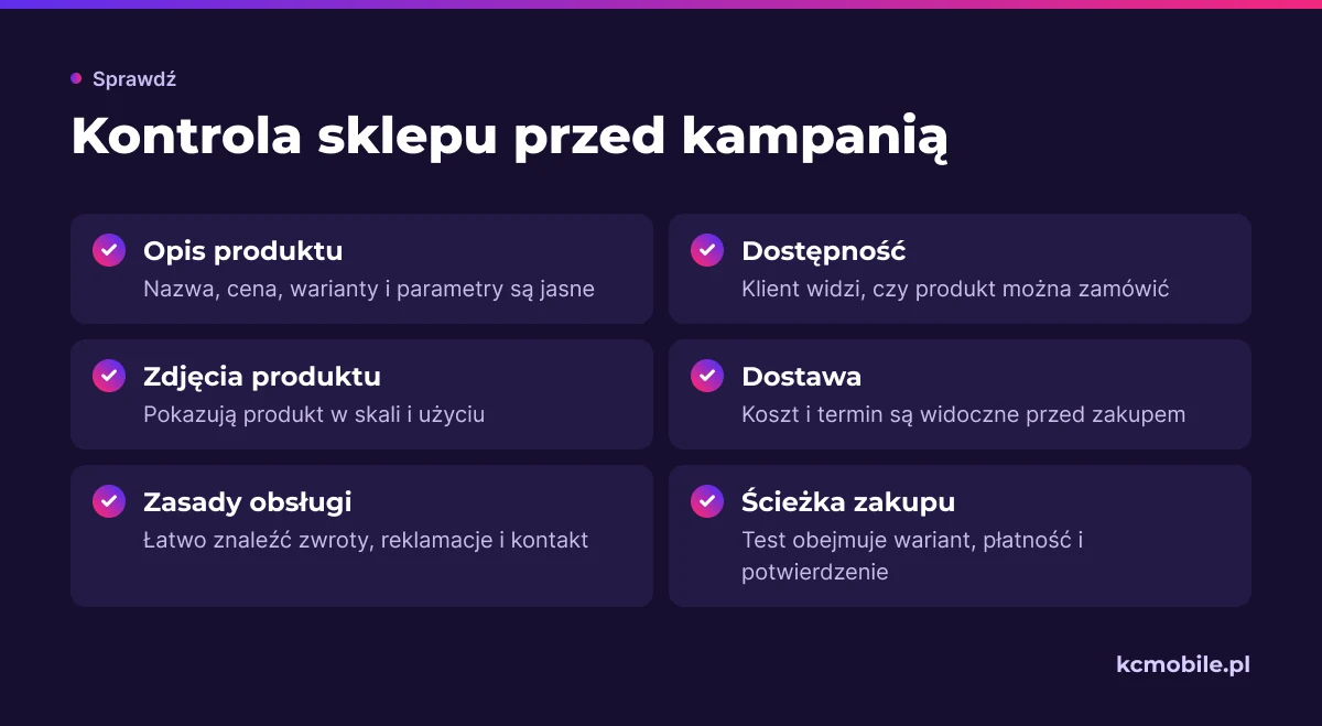 Lista zbiera elementy karty produktu i procesu zakupu do sprawdzenia, by wychwycić przeszkody przed zwiększeniem ruchu.