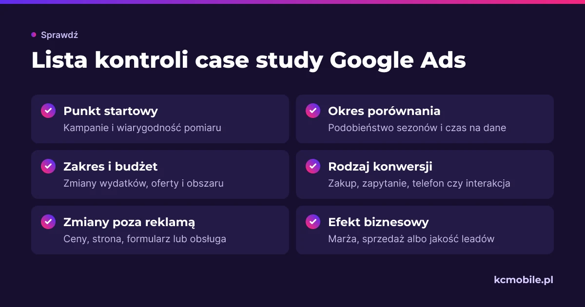 Lista kontrolna zbiera warunki, które trzeba sprawdzić w case study, by ocenić kontekst wyniku i jego znaczenie dla firmy.