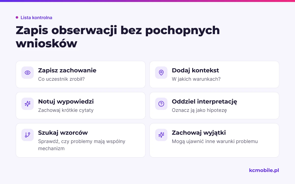 Lista przypomina, jak porządkować materiał z rozmów i testów, by odróżnić zaobserwowane fakty od interpretacji zespołu.